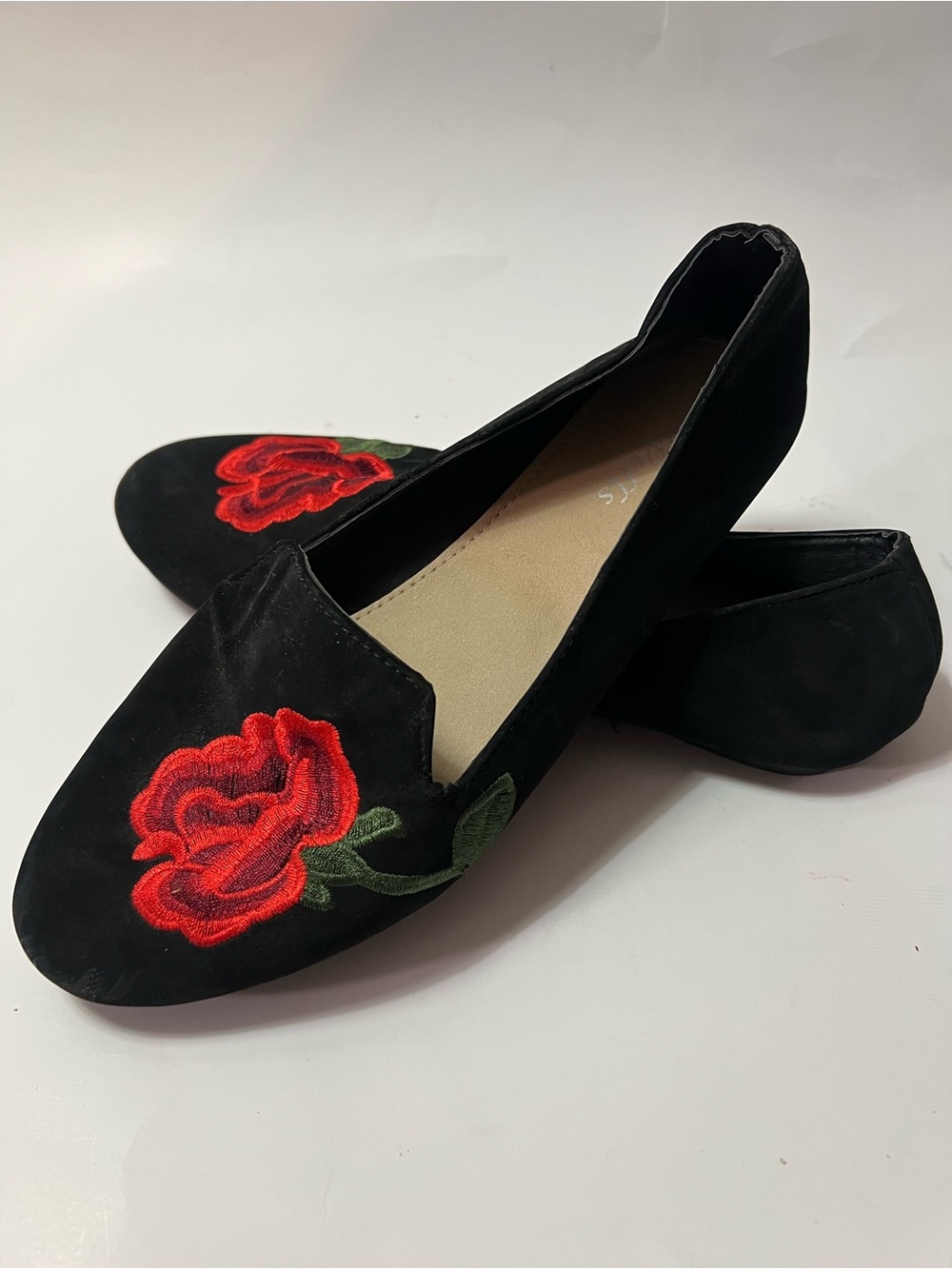 Black Faux Suede Floral Embroidered Loafers - Red Rose Accent